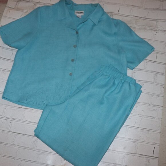Aqua Blue Alfred Dunner button-down shirt and pants set 16/18P - Picture 1 of 7